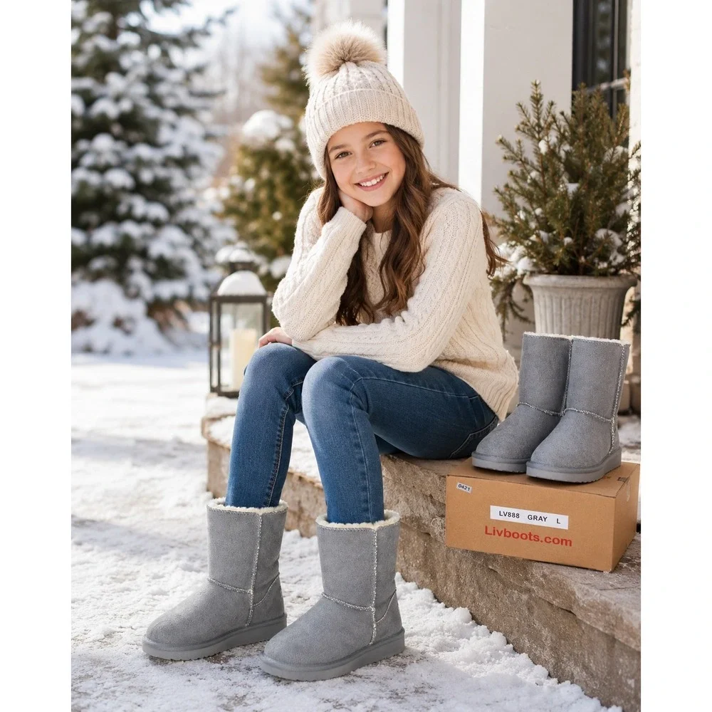 Livboots Girls LV888 Gray Faux Suede Sherpa Lined Winter Boots Size L New